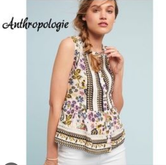 Anthropologie Blue Lace Floral Peblum Sleeveless Blouse US S - Picture 1 of 10